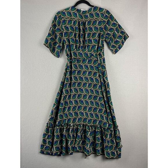 Silk Salt Journey Maxi Wrap Dress Women Medium Geometric Peacock Artsy Tribal - Picture 12 of 16